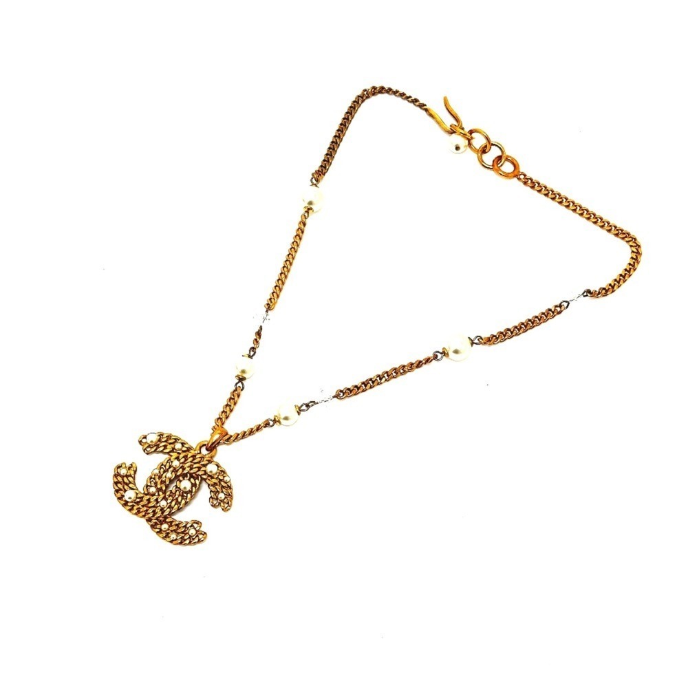 CHANEL Gold Pearl Logo Necklace